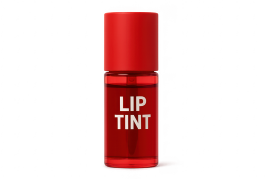 Red lip tint bottle standing on transparent background