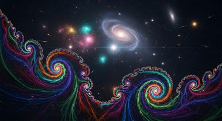 Colorful swirling fractal nebulae against a backdrop of distant galaxies and stars