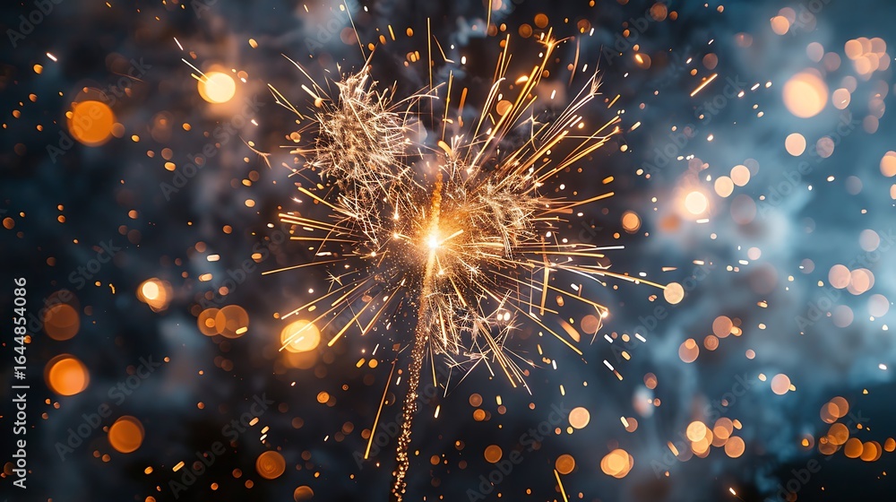 Poster a vibrant sparkler exploding with golden light and shimmering bokeh against a dark, dreamy backgroun