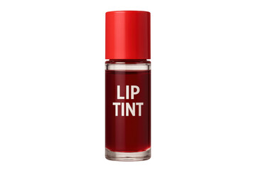 Red lip tint in transparent glass bottle with red cap