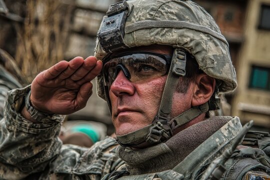 Veterans Parade. US Soldier Salute in US Army Uniform on Veterans Day.