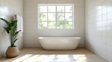 Modern bathroom design with freestanding tub, large window, and greenery