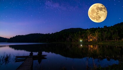 Serene nightscape of a lake reflecting a large moon and starry sky, with two figures silhouetted on a dock