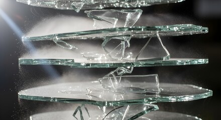 Shattered glass pieces suspended in air with dust particles in motion broken