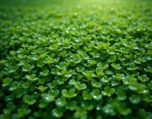 Lush green clover field glistening with morning dew, bathed in soft sunlight