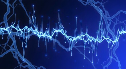 Abstract glowing blue neural network and data waveform pattern on dark background