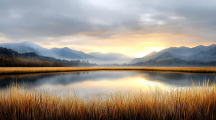 Fototapeta premium Golden grass reflects in tranquil lake at sunrise, surrounded by misty mountains