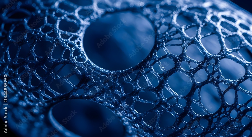 Wall mural close up abstract view of interconnected blue geometric structures with circular voids