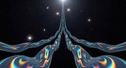 Flowing iridescent ribbons converge upwards against a starry nebula and glowing celestial bodies