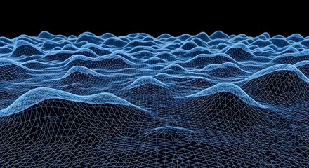 Blue digital landscape wireframe with undulating terrain on black background