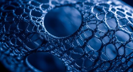 Close up abstract view of interconnected blue geometric structures with circular voids