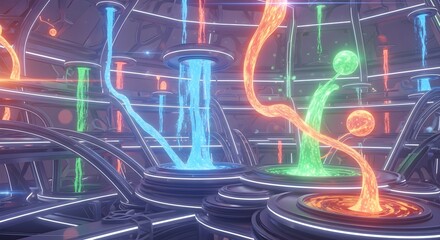 Futuristic energy conduits with glowing blue green and orange fluid streams