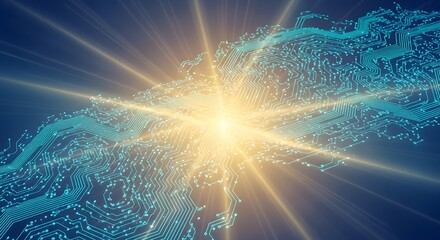 Intricate blue circuit board with glowing yellow light rays and radiating energy