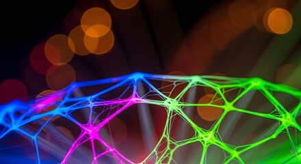 Glowing network structure with soft bokeh lights in blue pink and green hues