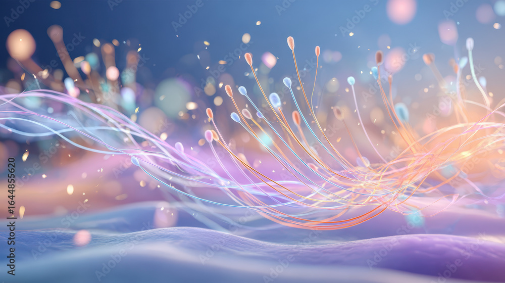 Poster Abstract representation of flowing light strands with soft pastel colors, creating an ethereal atmosphere and dynamic movement