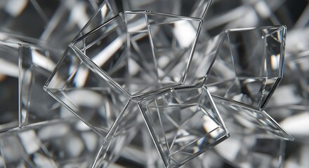 Abstract geometric structure composed of interconnected transparent polygonal shapes