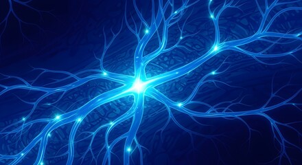 Abstract glowing blue neural network with bright synapses on a dark background
