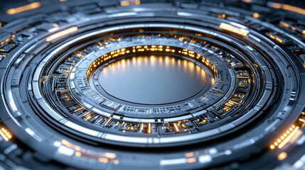 Fototapeta premium Futuristic circular design with glowing lights and intricate details creates captivating visual