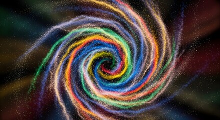 Colorful swirling dust particles forming a vortex against a dark background with scattered light specks