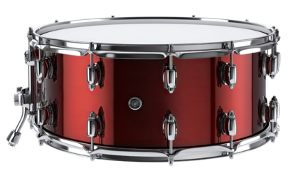 A red metallic snare drum with a sleek chrome finish for professional music performance and studio recording isolated on white background