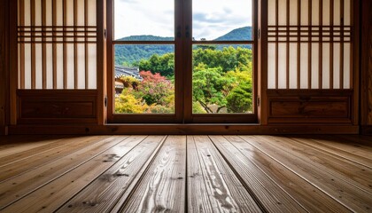 Wooden floor against the background of a traditional Korean window.