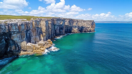 Fototapeta premium Stunning cliffs rise dramatically from emerald coastline, showcasing natural beauty and serenity
