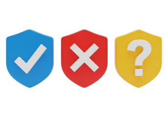 Fototapeta premium Three shield icons with check, cross, and question mark isolated on transparent background