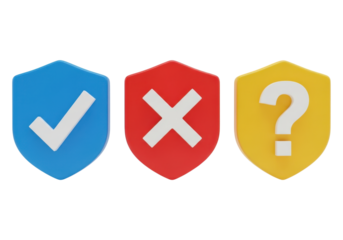 Three shield icons with check, cross, and question mark isolated on transparent background