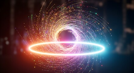 Swirling vortex of colorful light particles with a bright horizontal ring against a dark blurred background