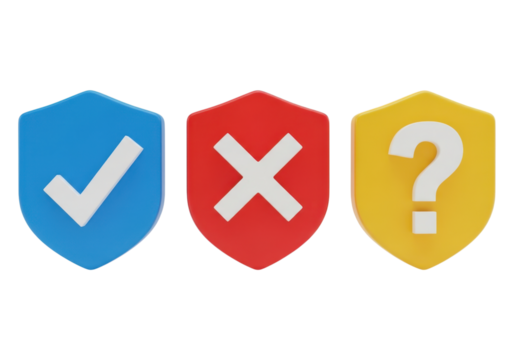 Three shield icons with check, cross, and question mark isolated on transparent background
