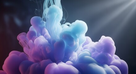 Swirling ethereal clouds of blue and purple ink disperse in dark water with subtle light rays