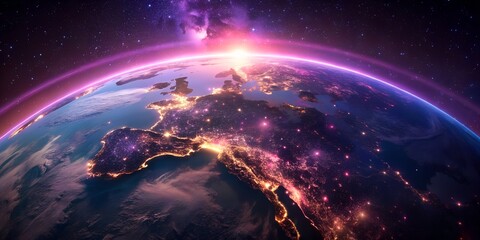 Photo of a stunning view of earth from space at night, showcasing the illuminated cities and the atmospheric glow, symbolizing global connectivity and technological advancement