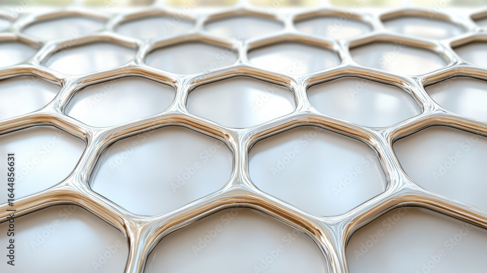 Poster graphene lattice structure with hexagonal patterns showcasing transparency and intricate design