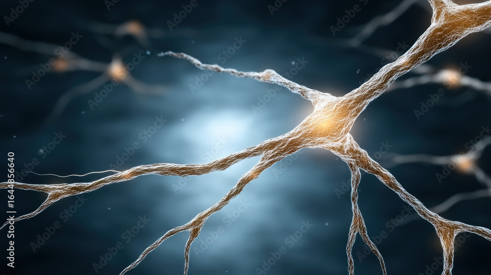 Poster neurons firing in dynamic network, showcasing intricate connections and glowing synapses
