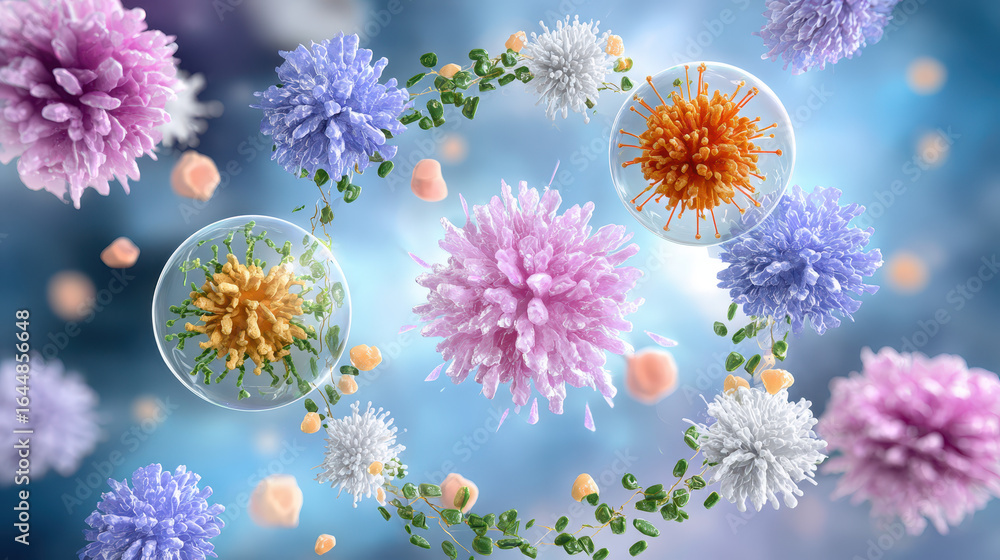 Poster colorful microscopic view of diverse virus and cell structures floating in an abstract biological en