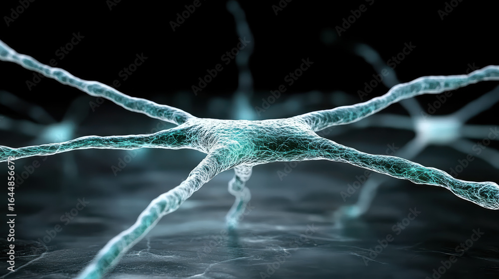 Poster close up view of neuron cells firing in dynamic and vibrant manner, showcasing intricate details