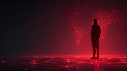 Silhouette of person against a backdrop of a digital world map.