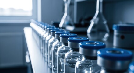 Obraz premium Row of glass vials with blue caps; lab background, clinical, monochromatic
