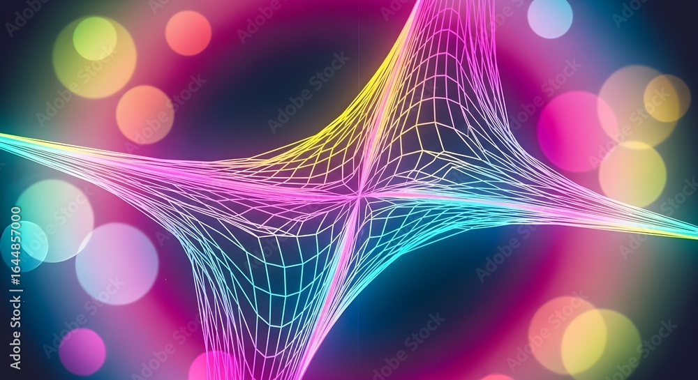 Poster neon geometric grid with abstract glowing bokeh lights in vibrant colors