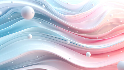 Abstract light blue and pink wave background with floating spheres, elegant soft design.