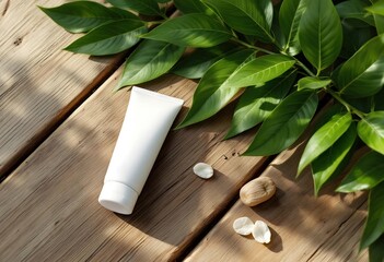 Body Lotion Tube on Wooden Surface with Green Leaves