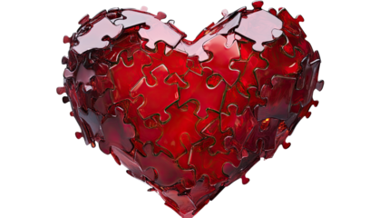 Glossy red heart made from interlocking puzzle pieces showing romantic love and connection concept isolated on white background