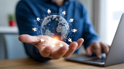 A person's hand presents a luminous digital globe with a worldwide network of icons, representing global business expansion, communication technology, data management, and the future of work.