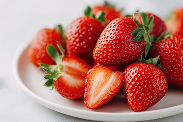 Freshly picked strawberries on a white plate showcasing vibrant red colors and green tops