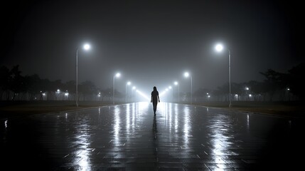 Fototapeta premium A solitary figure walks a wet road at night under streetlights.