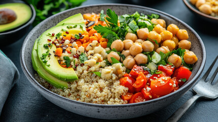 Colorful vegan buddha bowl with quinoa, avocado, chickpeas, and fresh vegetables. This