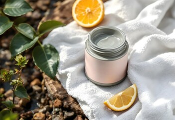 Clay Mask Jar on White Towel with Citrus Slices