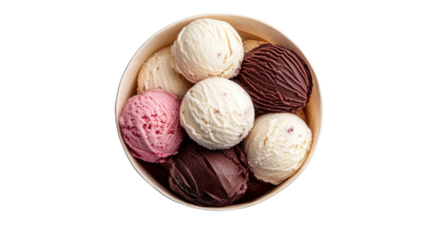 Delicious ice cream balls served in paper cup top view with sweet dessert detail isolated on white background
