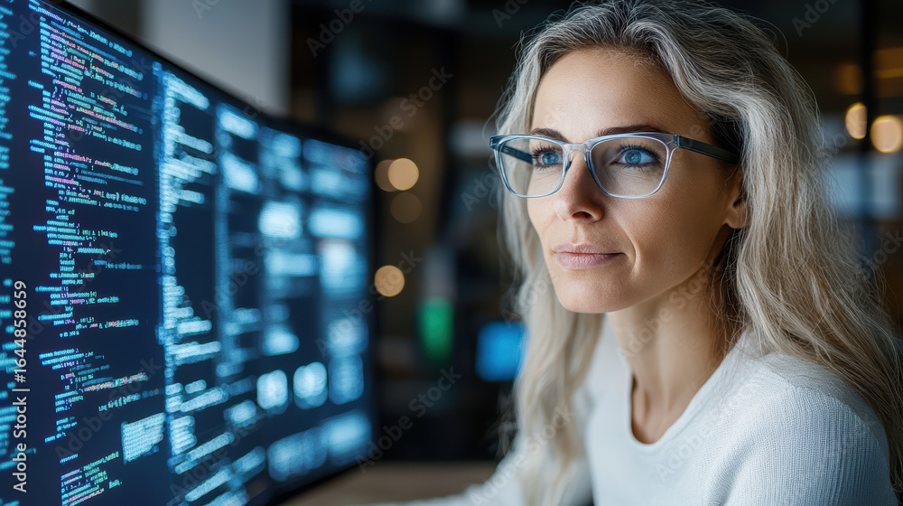 Poster focused woman coding on computer screen, analyzing data with determination and clarity
