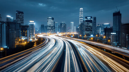 City skyline at night with illuminated skyscrapers and light trails from moving vehicles